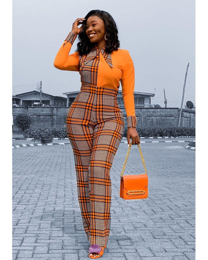 Casual fashion Plaid Lapel panel Jumpsuit