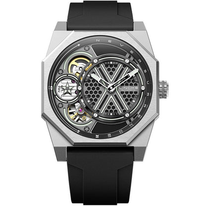 Mens Watch Tonneau-shaped Skeleton Dual-movement Quartz Wristwatch